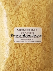 Copeaux de savon de Marseille Fer à Cheval reconditionnés Seau 2kg ou Doypack refermable 750g (Blanc VEGETAL ou Vert OLIVE)